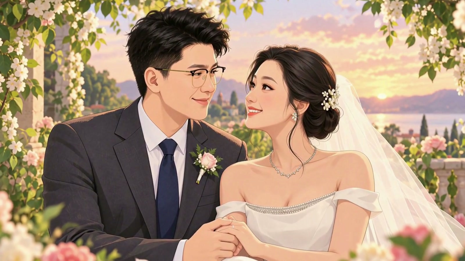 花园夕阳下，二维动画中的程博睿与于芮相望